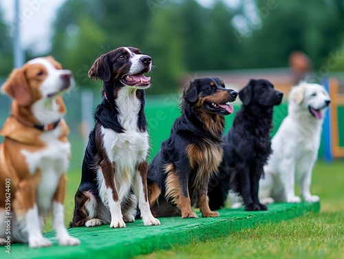 A lineup of five dogs of different breeds sitting attentively on a green mat, showcasing their training and bond with their trainers in a vibrant outdoor setting.