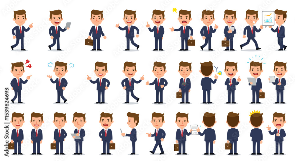 Collection of various cartoon businessman poses, expressing different emotions and actions. Collection of various cartoon businessman poses, expressing different emotions and actions.