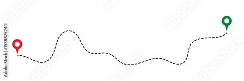 Route location icon, two pin sign and dotted line road, start and end journey symbol, black color vector illustration isolated on white background in eps 10.