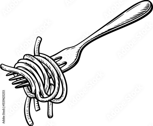 Hand drawn sketch of spaghetti pasta twirled on a fork isolated on a white background