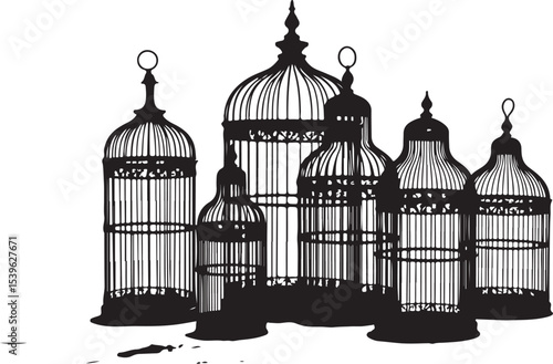 set of birds in cage, cage, bird, birdcage, vintage, prison, freedom, bird cage, empty, jail, vector, illustration, gold, old, antique, open, 3d, metal, birds, church, architecture, trapped, object, b
