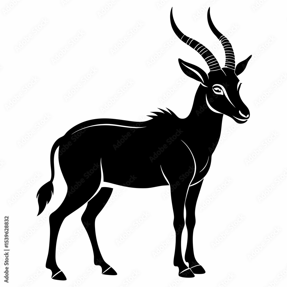 Fototapeta premium Silhouette Illustration Of An Impala Antelope With Curved Horns On White Background