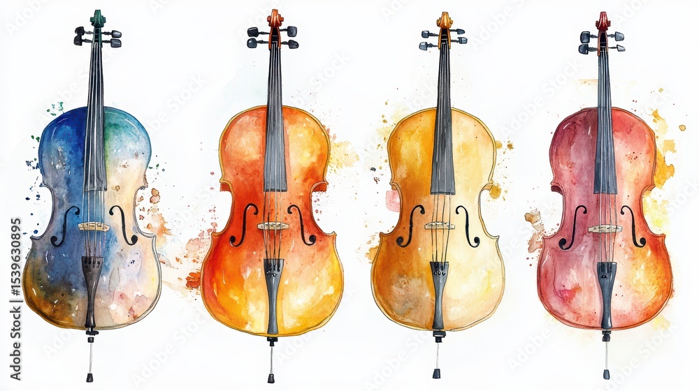 Naklejka premium Four watercolor cellos in blue, orange, yellow, and red hues.