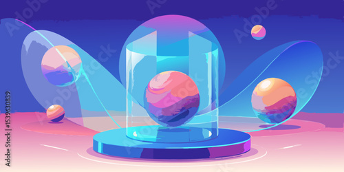 Abstract futuristic scene with spheres enclosed in transparent geometric shapes and platform