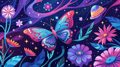 Illustration of a butterfly surrounded by flowers and stars in a cosmic scene with a planet