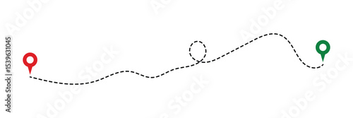 Location routes icon set. Route vector between two points with dotted path and location pin. Location pointer continuous one line drawing. GPS navigation line route mark in eps 10.