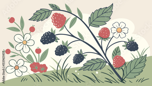 berry patch with strawberries blackberries and flowers in a field setting design