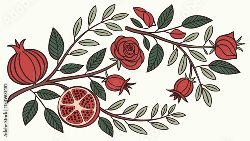 Floral pomegranate and rose branch vector illustration
