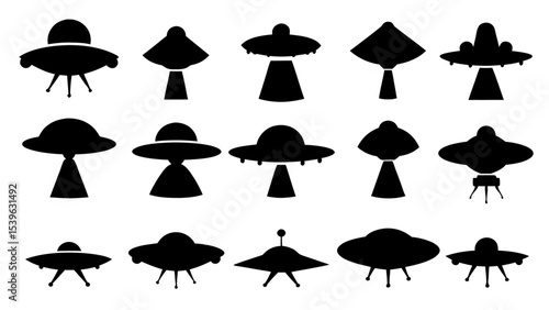 UFO set silhouettes on tranparent background