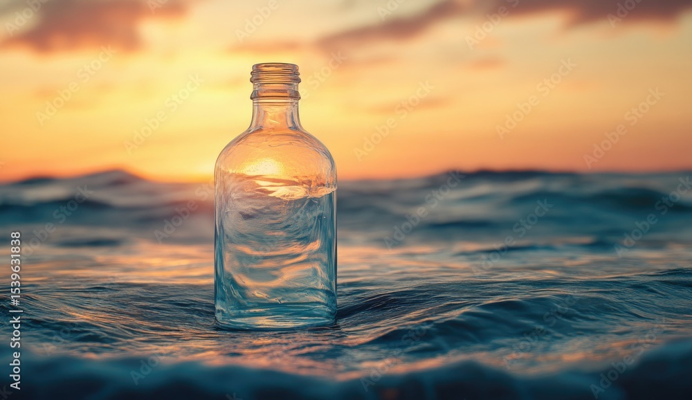 Obraz premium Empty glass bottle on ocean waves at sunrise