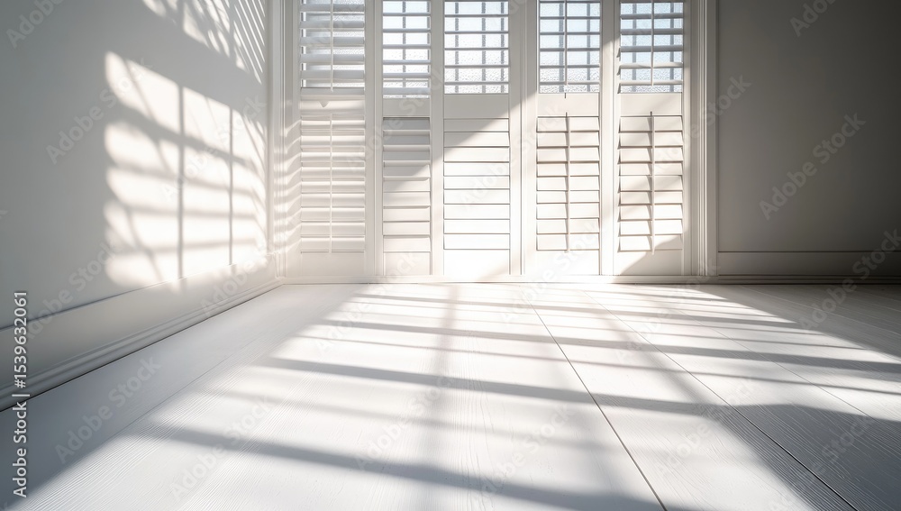 Obraz premium Sunlight streams into a white room with wooden shutters