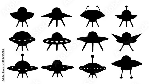 UFO set silhouettes on tranparent background