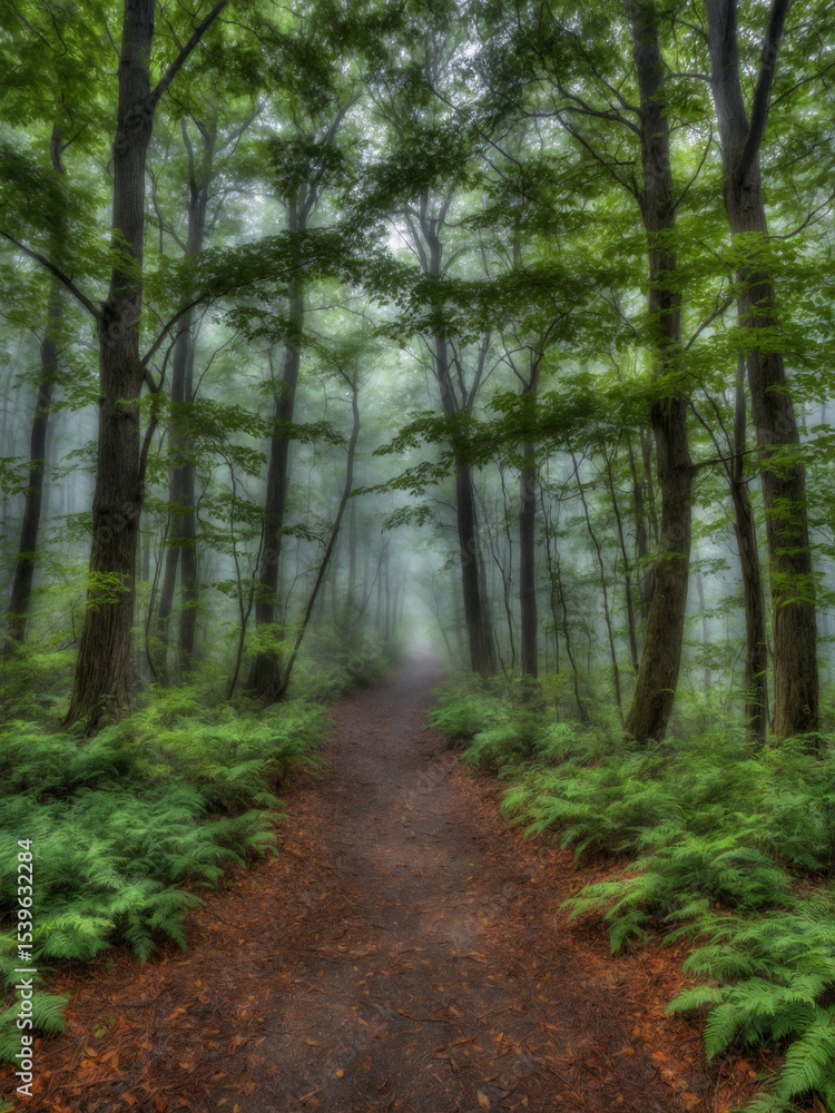 Obraz premium A sun-dappled trail moving diagonally through a lightly foggy woodland where branches stretch inward above the path creating a layered green canopy with cinematic symmetry soft mist