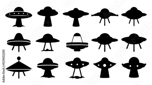 UFO set silhouettes on tranparent background