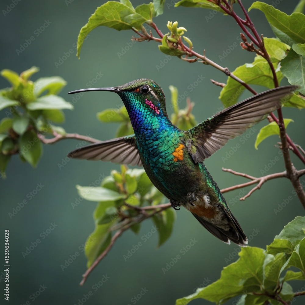 Obraz premium A fiery-throated hummingbird hovers gracefully near flowering vines on a lush jungle slope, with the shimmering blue sea stretching out beyond the foliage