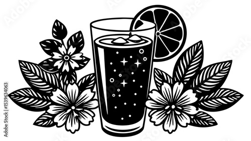 Illustration of a tall glass with a drink and ice cubes surrounded by flowers and leaves design