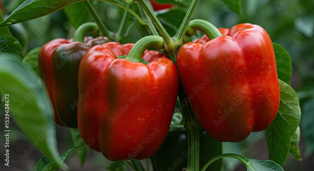 Close up of vibrant red bell peppers growing on a lush green plant in the garden Close up of vibrant red bell peppers growing on a lush green plant in the garden