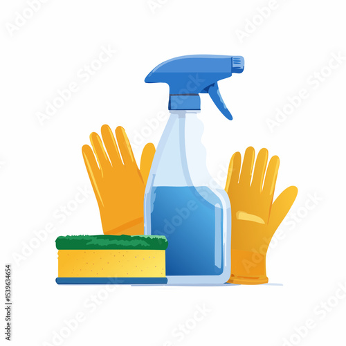 A set of household cleaning tools including spray, sponge, gloves, and scrub brush.