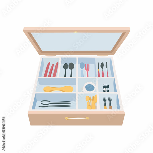 A kitchen drawer filled with organized utensils and small containers for tidy storage.
