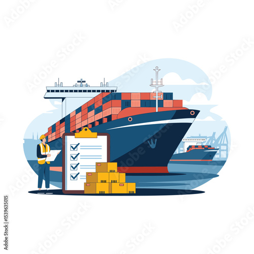 Cargo Shipping and Logistics Illustration with Container Ship, Checklist, and Port Worker