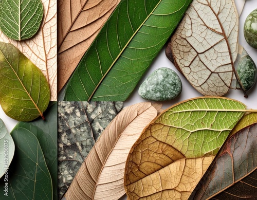 Abstract leaf arrangement, various shades of green, beige, and brown