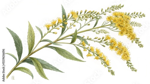 Fototapeta Naklejka Na Ścianę i Meble -  Detailed botanical illustration of a goldenrod plant with yellow flowers and green leaves