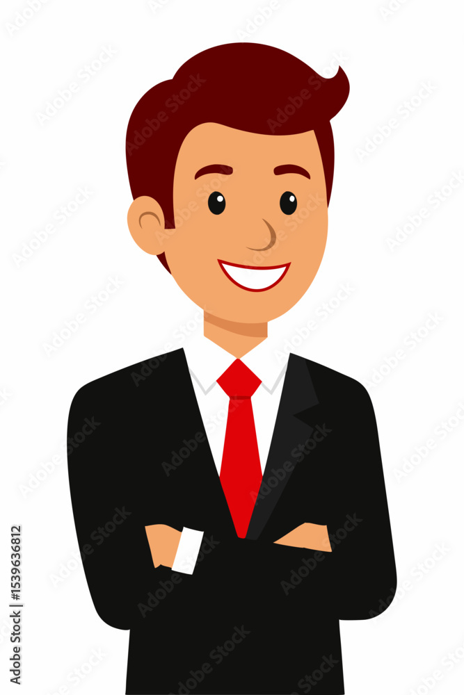 Smiling businessman cartoon character in a suit, a confident and professional manager standing with a hand, ready for success at work Smiling businessman cartoon character in a suit, a confident and professional manager standing with a hand, ready for success at work