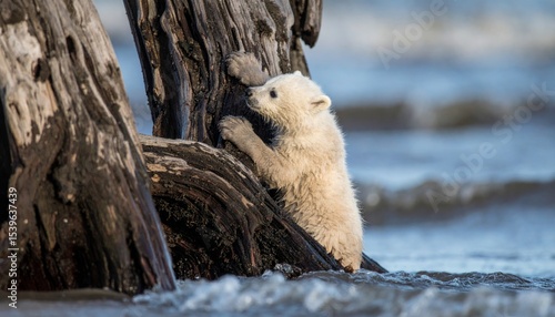 An adorable polar bear cub, clinging to a weathered log on the edge of a frigid sea, embodies both resilience and vulnerability in the face of its icy environment.