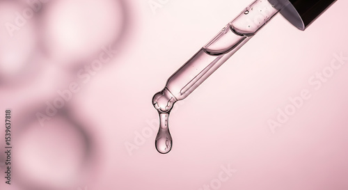 Close up of a clear liquid drop falling from a glass pipette against a soft pink blurred background