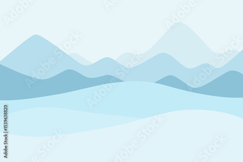 Snowy mountains, hills, snowdrifts. Winter frosty background in blue shades, flat design, vector illustration, hand-drawn. Graphic Christmas Landscape Background Element for Banner, Design, Decoration