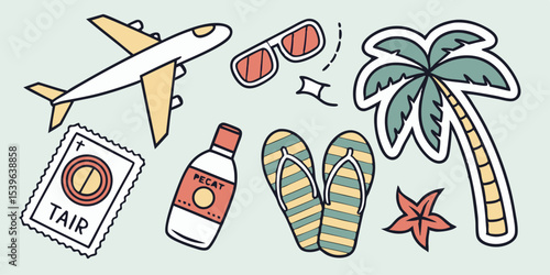 Tropical Vacation Plane, Palm Tree, Sunglasses, and Flip-Flops Illustration