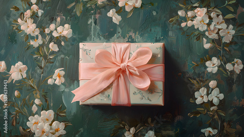 Gift wrapped with a soft pink ribbon placed on green vertical backdrop decorated with white flowers