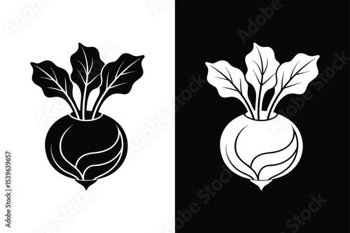 Black and White Kohlrabi Icon. Fresh Vegetable Silhouette Vector Art