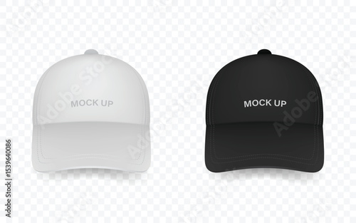 White and black baseball cap icon set. Front view. Design template closeup in vector. Mock-up for branding and advertise isolated on transparent background.