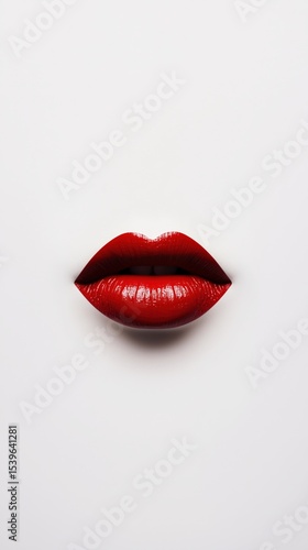 Bold red lips against a minimal white background showcase a striking beauty statement in vibrant makeup artistry