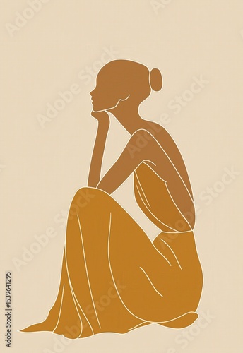 Woman in contemplative pose sits gracefully, draped in elegant attire against a soft cream background