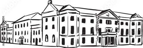 Saltram House, Plymouth, England landmark ink illustration. Country house Tudor and Georgian style architecture sketch. English house facade sketch. Historical cultural travel destination. 