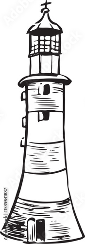 Smeaton's Tower, Plymouth, England ink landmark. Lighthouse architecture sketch. English famous structure vector drawing. Nautical theme isolated hand drawn elements. 