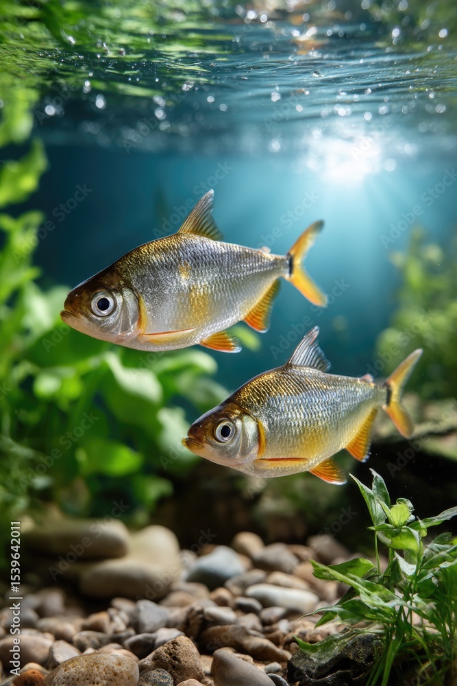 Two fish in crystal-clear water, their scales shimmering with iridescent colors under the soft natural sunlight Two fish in crystal-clear water, their scales shimmering with iridescent colors under the soft natural sunlight