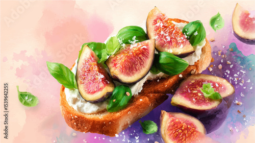 Vector illustration of bruschetta with figs, watercolor on pink background