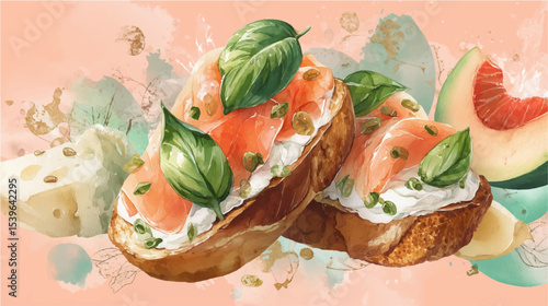 Vector illustration of bruschetta with salmon, watercolor on pink background