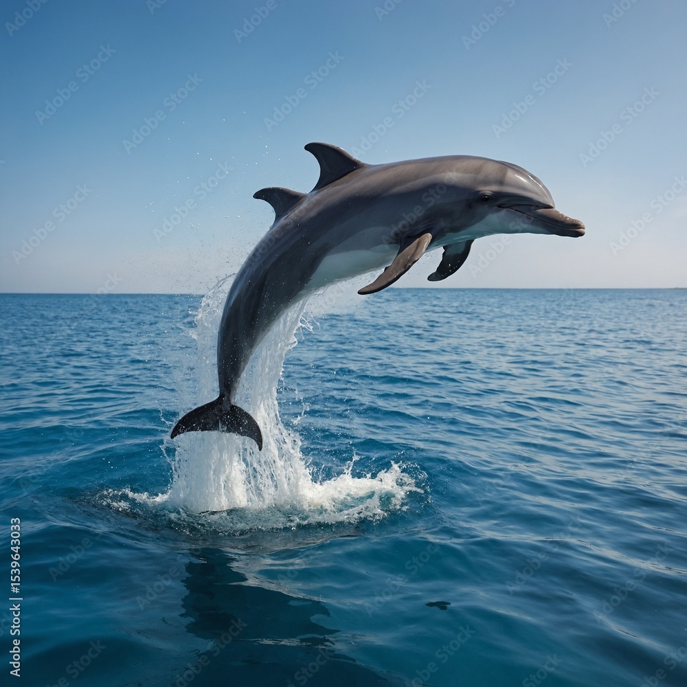 Fototapeta premium A dolphin leaps gracefully through clear blue water, sparkling in the sunlight with joyful energy.