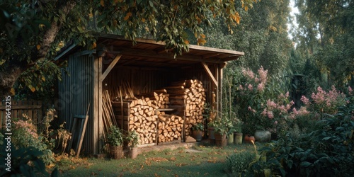 Wooden Firewood Shed Filled with Logs in a Cozy Autumn Garden