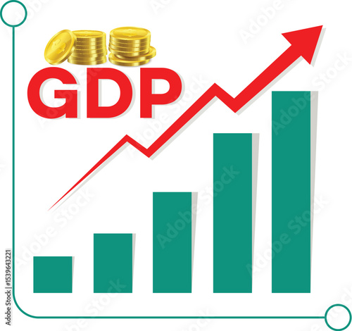 Economic Ascent: An illustration of rising Gross Domestic Product (GDP) with stacks of gold coins, symbolizing financial growth and economic progress. The chart and graph suggest stability