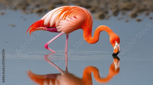 Flamingo bending forward in shallow water with a calm mirror reflection