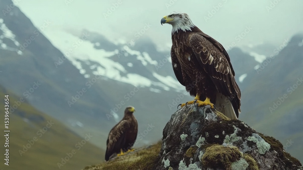 Fototapeta premium Majestic white-headed eagle perched on a rugged rock, wings slightly open against a clear sky