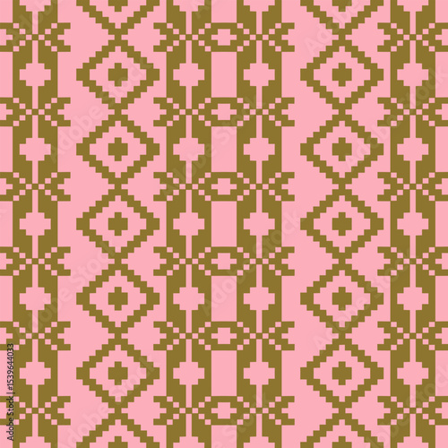 An elegant and traditional Songket Padang textile pattern  geometric motifs in a warm golden-brown on a soft pink background. Classic Indonesian design symmetrical borders traditional weaving artistry