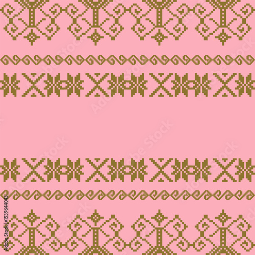 An elegant and traditional Songket Padang textile pattern  geometric motifs in a warm golden-brown on a soft pink background. Classic Indonesian design symmetrical borders traditional weaving artistry