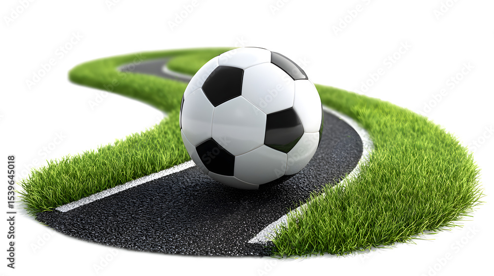 Obraz premium A soccer ball positioned on a grassy field with a winding pathway