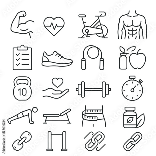 Fitness and workout icon set editable line graphics
